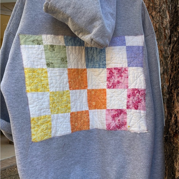 Port and Company Tops - Upcycled Valentine Gray Hoodie with Blue Heart Patch